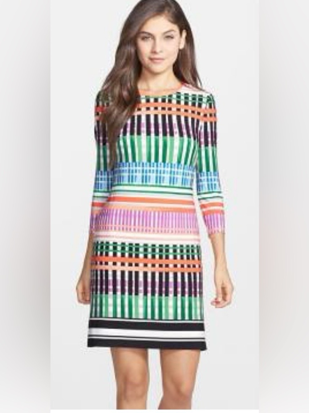 Eliza J Multicolor Geometric Striped Long Sleeve Size 10 Fully Lined Shift Dress